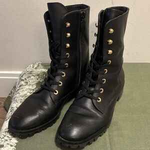 Stuart Weitzman Black Lace Up Boots with Gold Accents